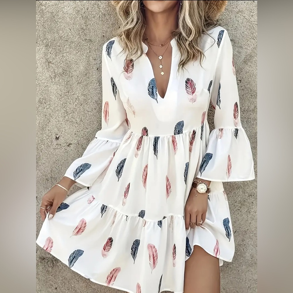 JCPenney Cream Maxi Dress with Feather Pattern